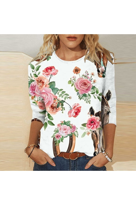 Oversized Tees For Women Vintage Tees For Women Women'S Trendy Printed Cowboy Boots Round Neck 3/4 Sleeve Graphic T-Shirt Top Womens Graphic Tees