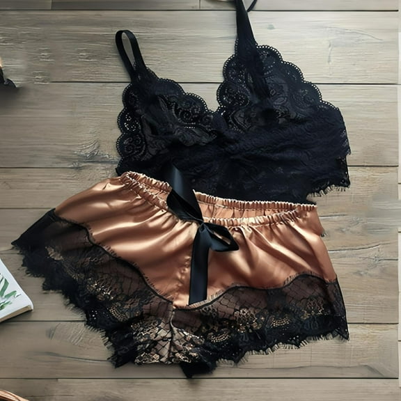 Aueoeo Pajama Set For Women Lace Cami Top And Lace Trim Shorts 2 Piece Set Nightwear Suits Trendy Sleepwear Coffee S