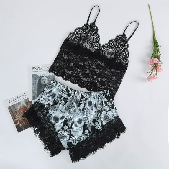 Aueoeo Pajama Set For Women Lace Cami Top And Lace Trim Shorts 2 Piece Set Nightwear Suits Trendy Sleepwear