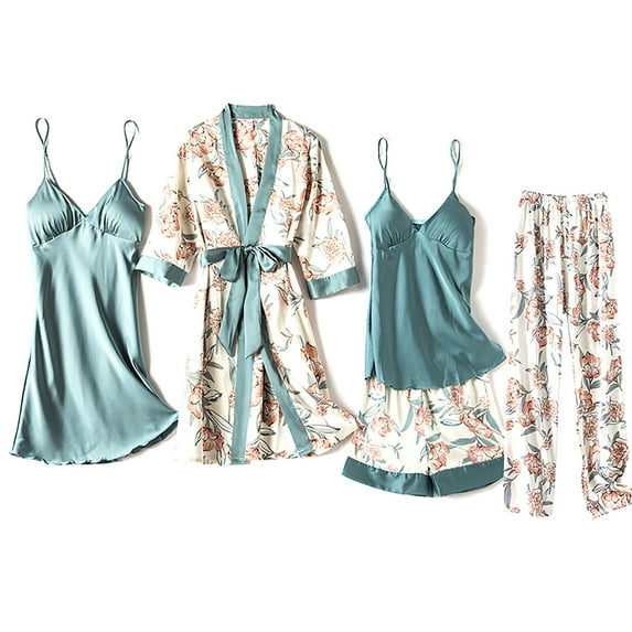 Aueoeo Pajamas For Women Silk Satin Pajama Set 4pcs Robe Sleepwear Nightdress Flower Printed Nightgowns Sets Green L