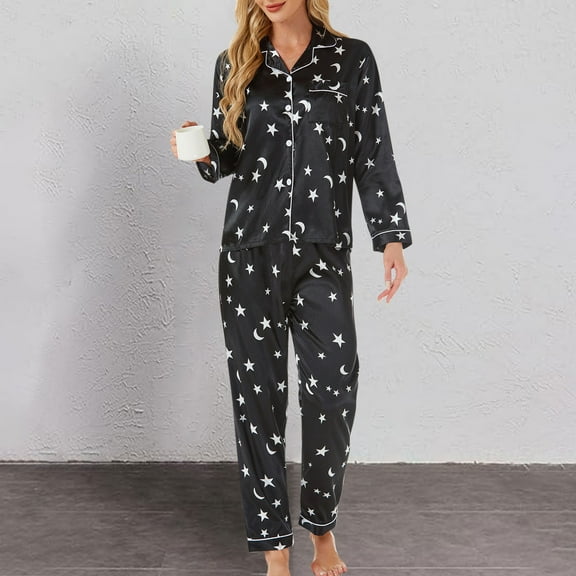 Aueoeo Pajamas For Women Silk Soft Sleepwear Long Sleeve Button -Down Pjs Satin Top And Long 2 Piece Loungewear Set Black S