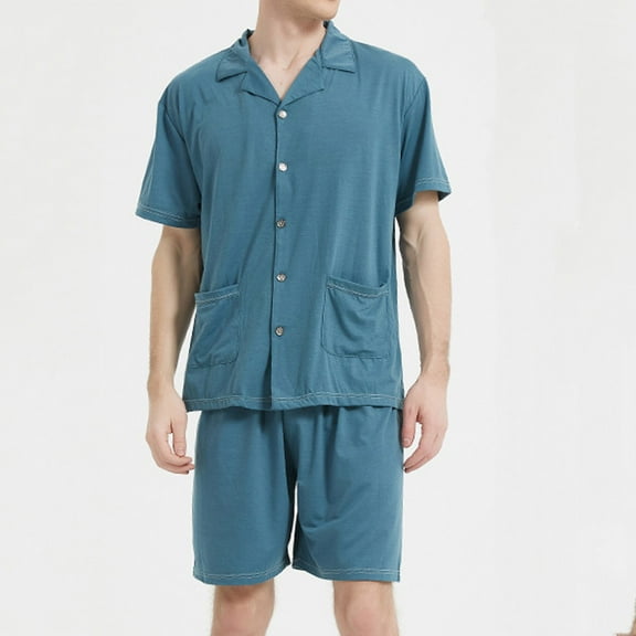 Aueoeo Pajamas Set For Men Short Sleeve Sleepwear Pyjama Summer Spring Sets Comfoy Lightweight 2 Piece Set Blue L
