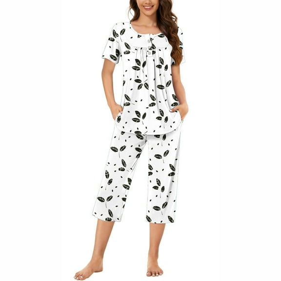 Aueoeo Pajamas Set For Women Button Round Neck Leaf Print Short Sleeve Tunic Sleepshirt & Capris Pants Sets Sleepdress Pajamas With Pockets Black L