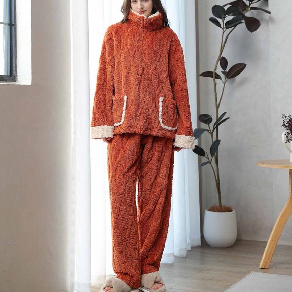 Aueoeo Pajamas Set for Women Soft Comfy Fleece Zipper Top Pjs Pants Loose Furry Sleepwear Loungeswear for Winter Orange X-Large