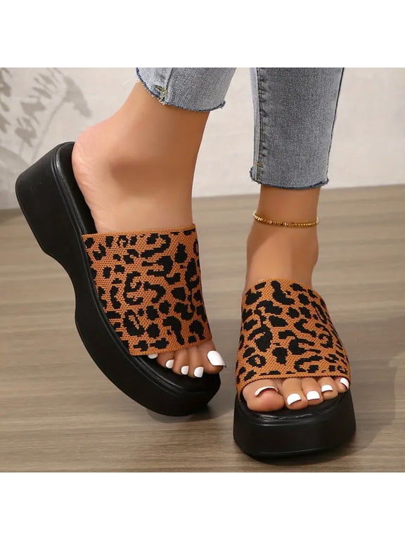 Platforms Slippers For Women Open Toe Knitted Leopard Print Shoes High Heel Comfortable Fashion Slippers