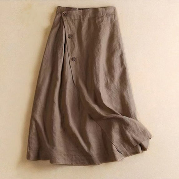 Aueoeo Pleated A-line Midi Skirt Elastic Waist Button Front Casual Flared Long Skirts with Pocket for Women Flowy Skirt