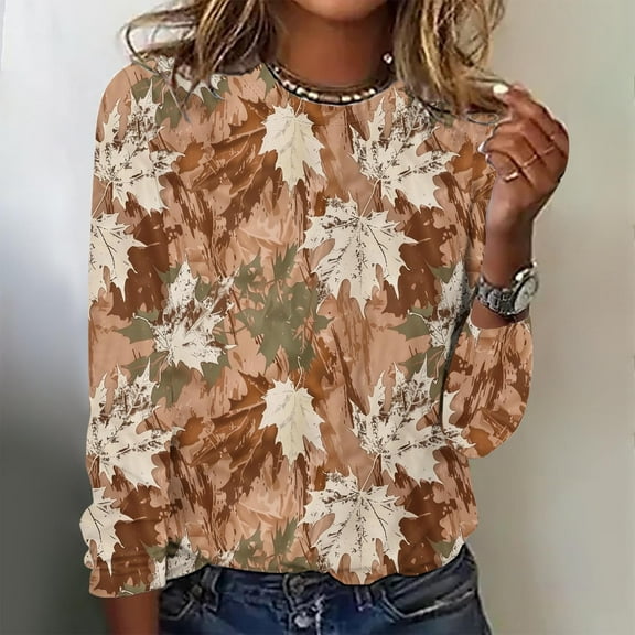 Aueoeo Plus Size Graphic Tees Vintage Graphic Tees Women'S Winter Top With Maple Leaf Print Loose And Comfortable Round Neck Long Sleeved T-Shirt Fitsted Tees For Women