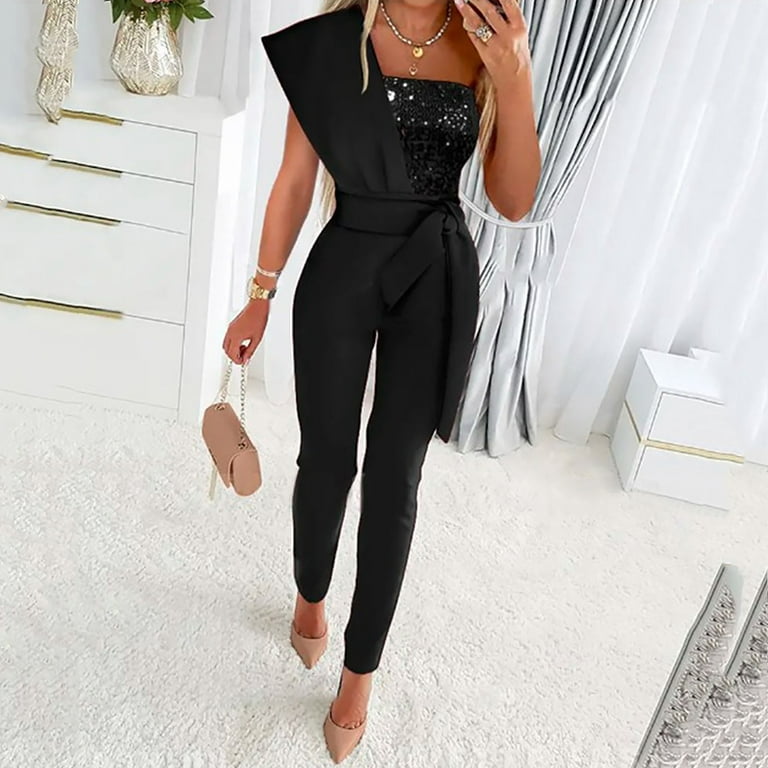 Aueoeo Plus Size Rompers for Women Dressy, Womens Summer Sequins Sleeveless  Backless Jumpsuits Off The Shoulder Slim Fit Long Pants Rompers Jumpsuit