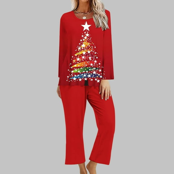 Aueoeo Plus Size Sleepwear Cute Pjs for Women Christmas Fashion Printed Round Neck Long Sleeved Long Pants Pajamas Home Suit Set Two Piece Pajama Set for Women