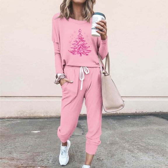 Aueoeo Plus Size Sleepwear Cute Pjs Women's Fashionable Loose Printed Long Sleeved Round Neck Drawstring Casual Set Two Piece Pajama Set for Women