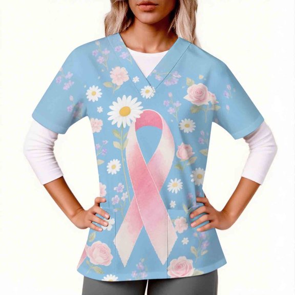 Aueoeo Plus Size Summer Top Cute Summer Top Women Tops Short Sleeve V-Neck Tops Working Uniform Bow Ribbon Print With Pocket Blouse Ladies Top