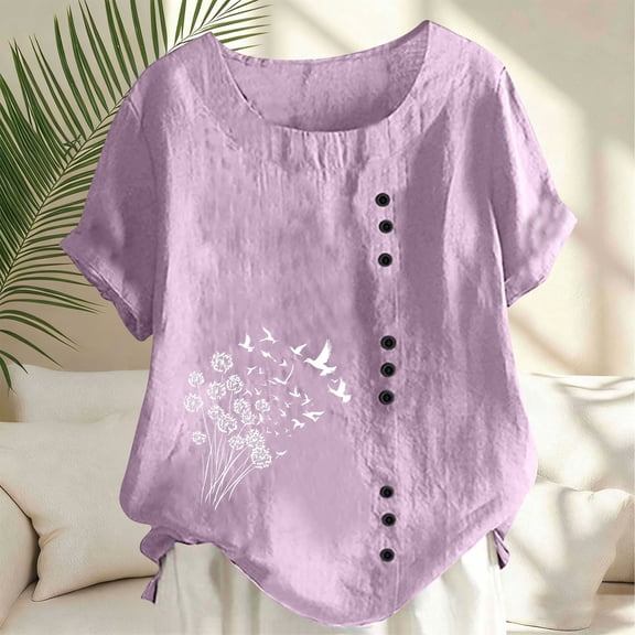 Aueoeo Plus Size Summer Top Cute Summer Top Women's Fall And Summer Round Neck Short Sleeve Casual Fashion Printed Button T-Shirt Business Casual Top For Women