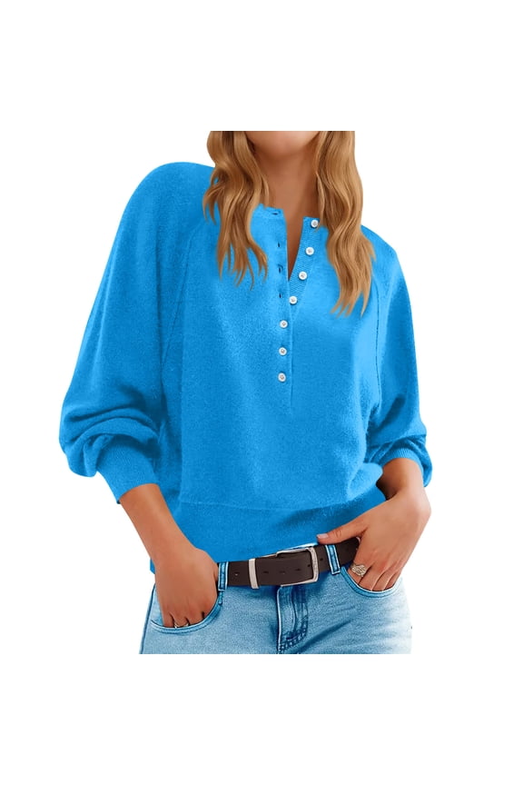 Plus Size Sweaters Work Sweater Women's Fashion Round Neck Button Long Sleeved Solid Tops Pullover Sweater Cute Sweaters For Teens