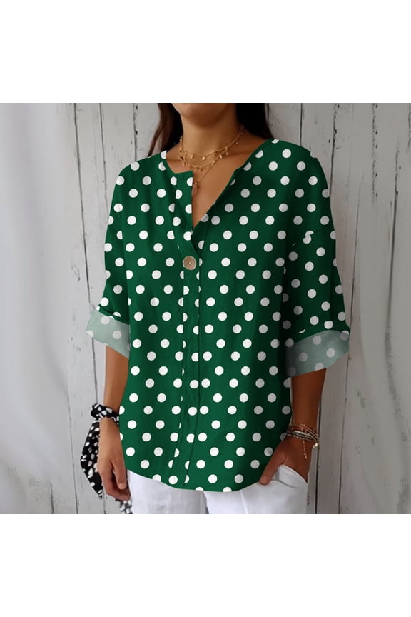 Polka Dots Printed Tee For Womens Button Shirts V Neck 3/4 Sleeve Blouses Loose Collared Shirt Casual Tops