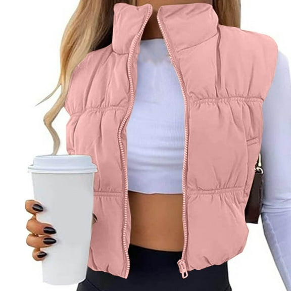 Aueoeo Puffer Vests for Women Casual Fashion Solid Color Stand Collar With Elastic Hem Sleeveless Jackets