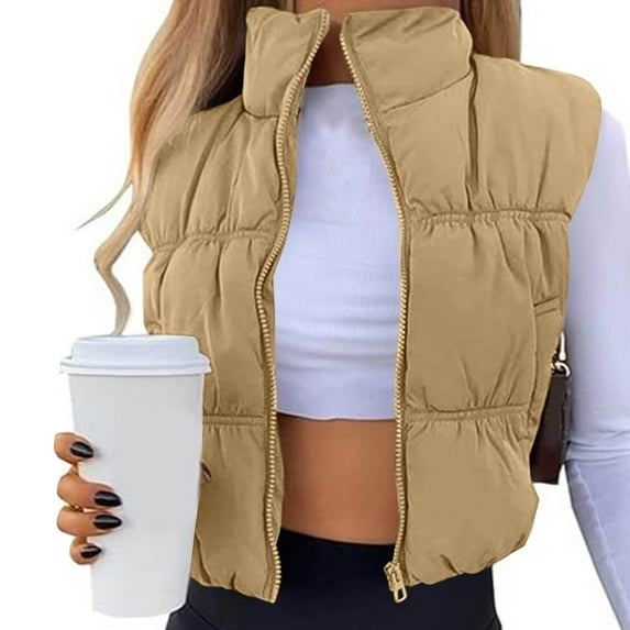 Aueoeo Puffer Vests for Women Casual Fashion Solid Color Stand Collar With Elastic Hem Sleeveless Jackets