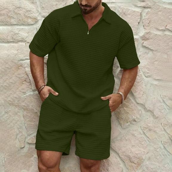 Aueoeo Pullover For Mens Half Zipper Laple Collar Short Sleeve, Fashion Elastic Waist Shorts Athletic Suit Two Piece Sets