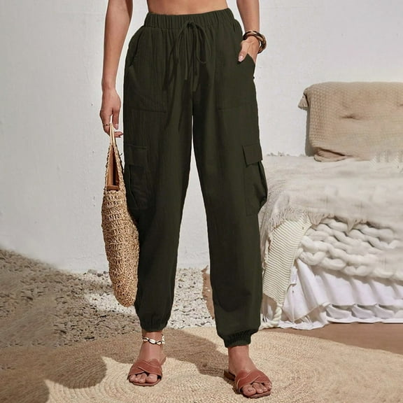Aueoeo Quick Dry Cargo Pants Women Lightweight Hiking Pants with Pockets for Women Elastic Waist and Water-Resistant Army Green X-Large