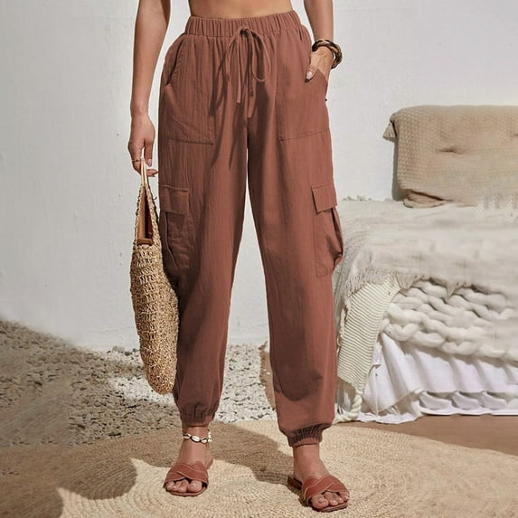 Aueoeo Quick Dry Cargo Pants Women Lightweight Hiking Pants with Pockets for Women Elastic Waist and Water-Resistant Brown L