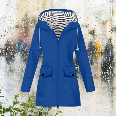 Aueoeo Rain Jacket Women Hooded Windbreaker Water Proof Lightweight Outdoor Raincoat With Pocket Blue L