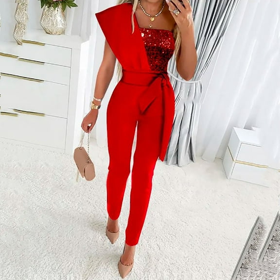 Aueoeo Red Jumpsuits for Women, Womens Summer Sequins Sleeveless Backless Jumpsuits Off The Shoulder Slim Fit Long Pants Rompers Jumpsuit