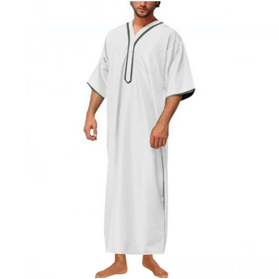Aueoeo Robe for Men Long Sleeve Kaftan Islamic Arabic Thobe V Neck Robe Ramadan Middle Islamic Cloth Shirt Gown