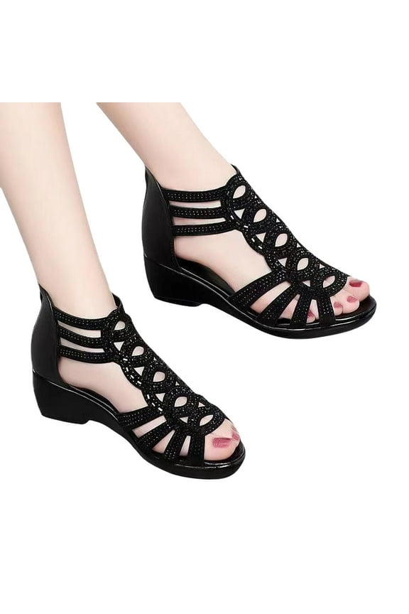 Sandals Women Dressy, Women's Leather Wedge Sandals Soft Slope Heel Open Toe Ankle Strap Sandals