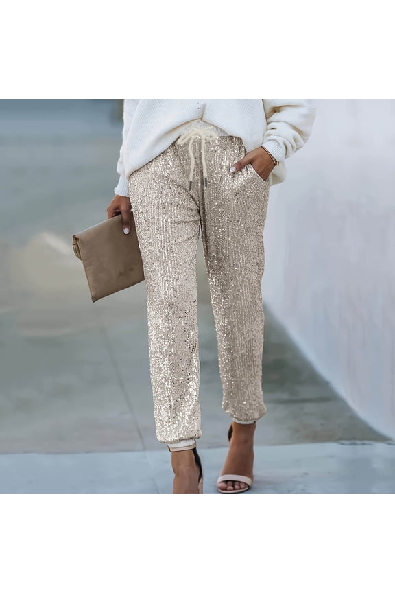 Sequin Pants for Women Jogger High Waisted Elastic Waist Trouser Party Club Night Dance Stretch Sparkly Pants