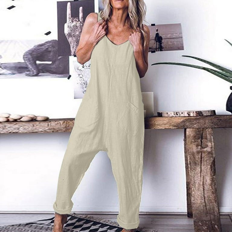 Aueoeo Sexy Club Outfits for Women, Women's Casual Jumpsuits Loose Baggy  Rompers Fashion Playsuit Trousers Overalls Cotton Linen Jumpsuit with  Pockets 