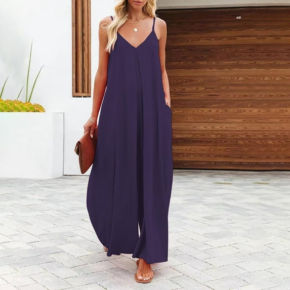 Aueoeo Sexy Club Outfits for Women, Womens Summer Solid Casual Camis Sleeveless Jumpsuits Spaghetti Strap Long Pants Baggy Overalls Jumpsuit with Pockets