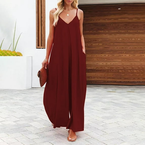 Aueoeo Sexy Summer Outfits for Women, Womens Summer Solid Casual Camis Sleeveless Jumpsuits Spaghetti Strap Long Pants Baggy Overalls Jumpsuit with Pockets