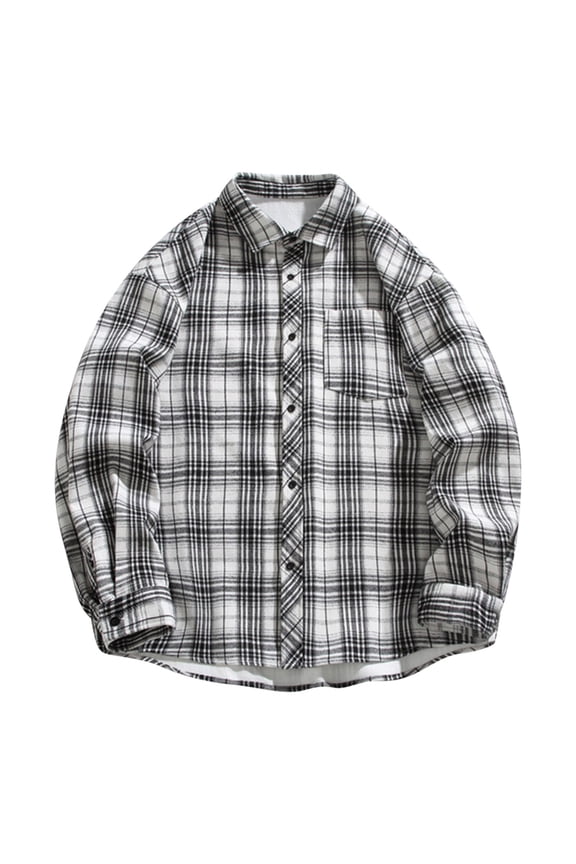 Shirt Jacket For Men Work Plaid Checkered Shirt Long Sleeve Button Spring Fall Coat With Pocket White 4X-Large