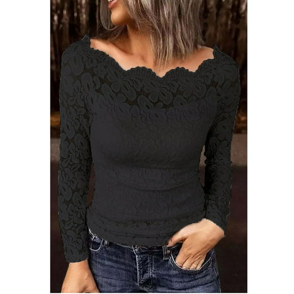 Aueoeo Shirts for Women, Long Sleeve Shirts for Women Solid Color Lightweight Lace Off Shoulder Casual Tunic Tops Blouses