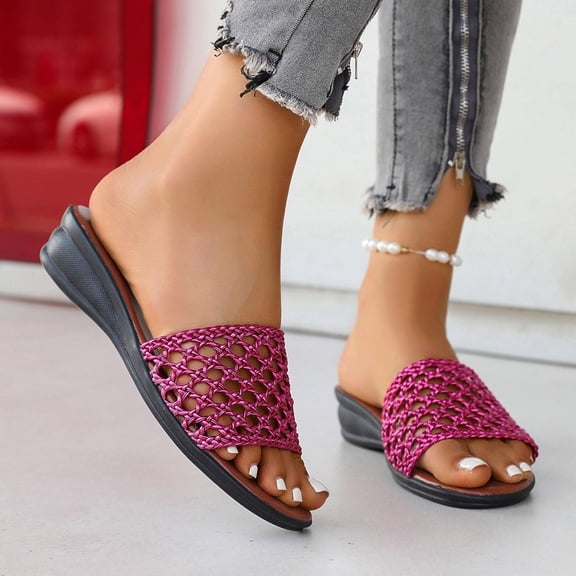 Aueoeo Shoes Girls Shoes Fashion Casual And Summer Comfortable Style Solid Color Woven Hollow Breathable Round Toe Open Toe Thick Bottom Wedge Heel Pers Casual Shoes For Women