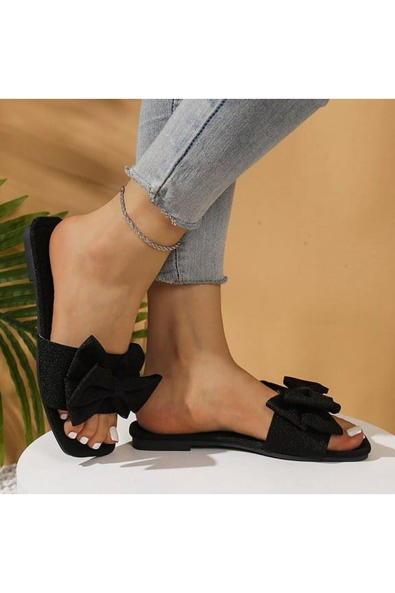Shoes Summer Shoes For Women Fashion Leisure And Summer Beach Comfortable Bow Solid Color Squared Head Open Toe Flat Pers Walking Shoes