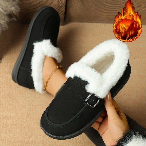 Aueoeo Shoes for Women Winter Warm Furs Lined Shoes With Buckle Comfortable Lightweight Office Work Shoes