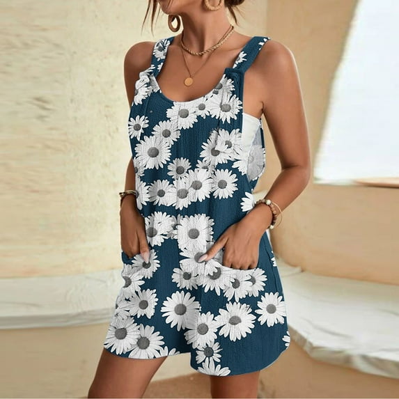 Aueoeo Short Jumpsuits for Women Summer Casual Sleeveless Romper Loose Strap Shorts Overalls Jumpsuit with Pockets 2024 Clothes On Clearance