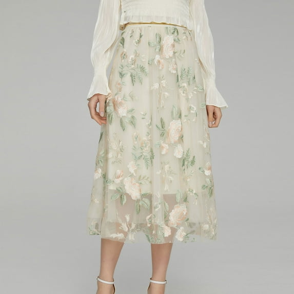 Aueoeo Skirts for Women A-Line Elastic Waist Vintage Midi Skirts Floral Embroidered Tulles Skirts Party High Waist Swings Skirts Beige L