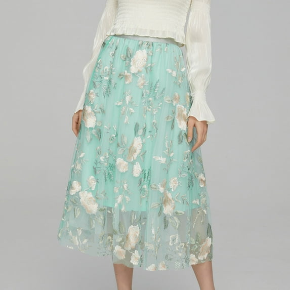 Aueoeo Skirts for Women A-Line Elastic Waist Vintage Midi Skirts Floral Embroidered Tulles Skirts Party High Waist Swings Skirts Green M