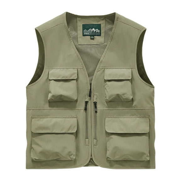 Aueoeo Sleeveless Vests For Men V Neck Zipper Outdoor Fishing Vests Work Trendy With Flap Multiple Pockets