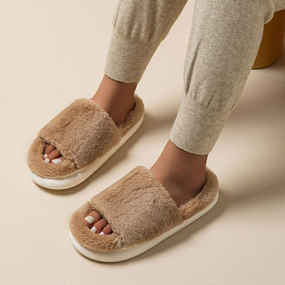 Aueoeo Slippers For Womens Fuzzy Faux Furs Cozy Flat Spa Slide Slippers Comfy Open Toe House Shoes Sandals
