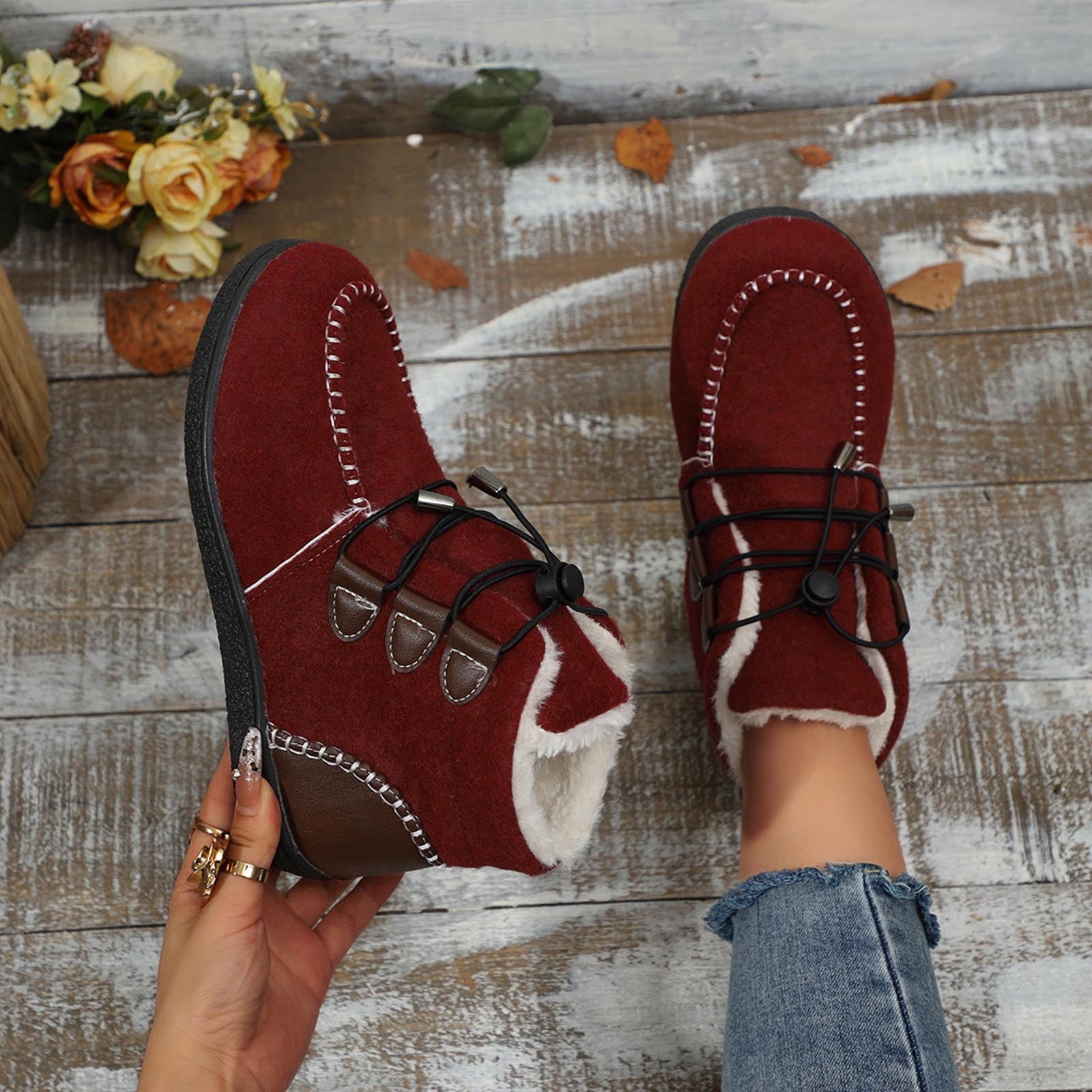 Aueoeo Snow Boots for Women Casual Winter Flat Shoes Solid Color Round ...