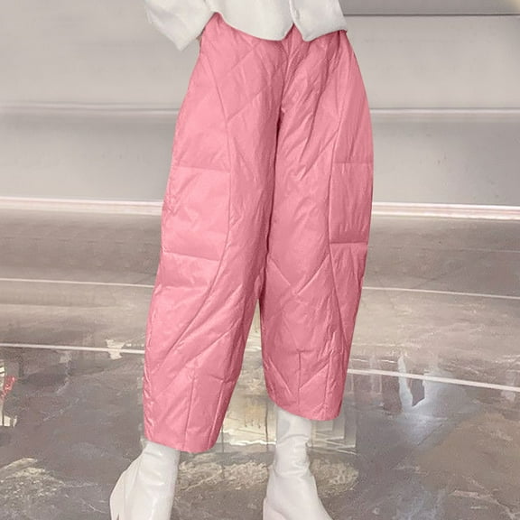 Aueoeo Snow Pants Women Warm Padded Quilted Down Pants Lightweight High Waist Wide Leg Hiking Pants With Pockets Pink X-Large