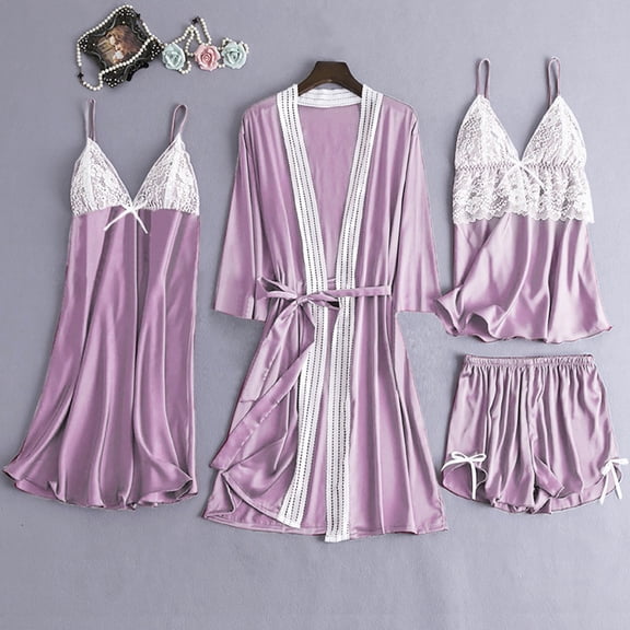 Aueoeo Spring Lounge Sets for Women, Women's 4 Piece Sleepwear Lace Cami Top and Shorts Pajama Set with Robe Cardigan and Nightgown Lounge Set