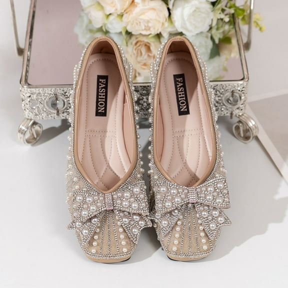 Aueoeo Squre Toe Flats Ballets Shoes Trendy Dress Shoes For Women With Artificial Pearl Press Rhinestone Decoration