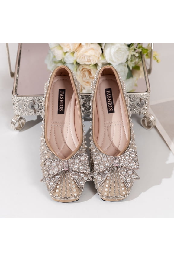Squre Toe Flats Ballets Shoes Trendy Dress Shoes For Women With Artificial Pearl Press Rhinestone Decoration