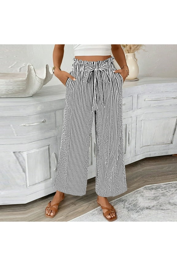 Straight Leg Pants For Woman Trendy Black & White Stripe Pants Drawstring Elastic Waist Casual Trousers