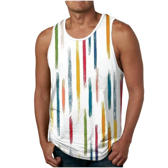 Aueoeo Stripe Tank Top for Men Casual Sleeveless T-Shirt Crew Neck Summer Striped Vests Vacation Muscle Shirts