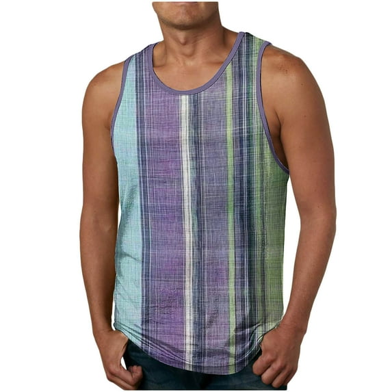 Aueoeo Stripe Tank Top for Men Casual Sleeveless T-Shirt Crew Neck Summer Striped Vests Vacation Muscle Shirts