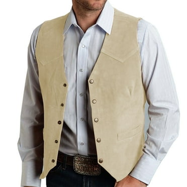 Aueoeo Suede Leather Vests For Men Vintage Cowboy Button Up Sleeveless Jacket Slim Fits Wedding Waistcoats